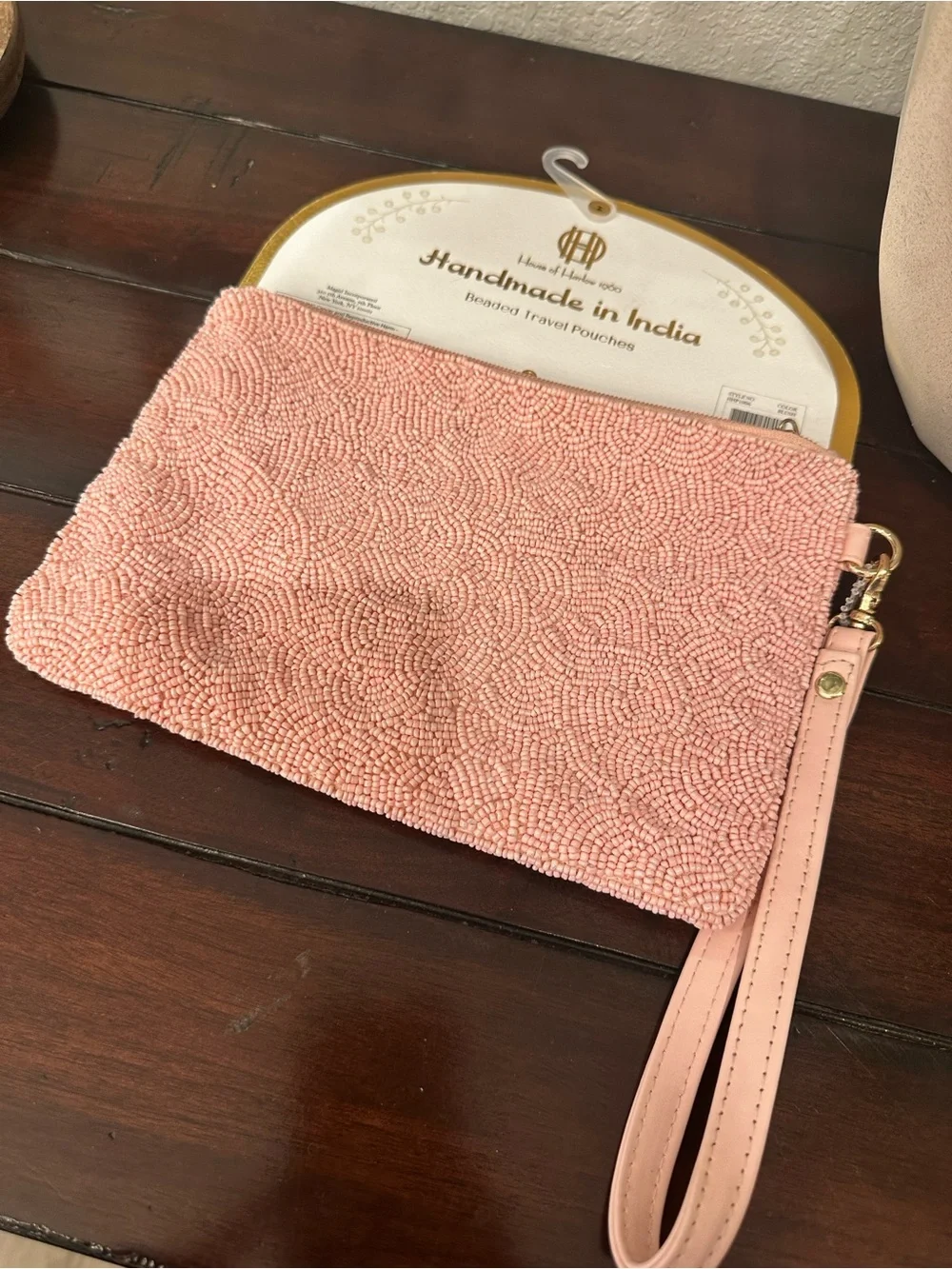 House of Harlow 1960 Pink Beaded Wristlet with Gold Logo Accent